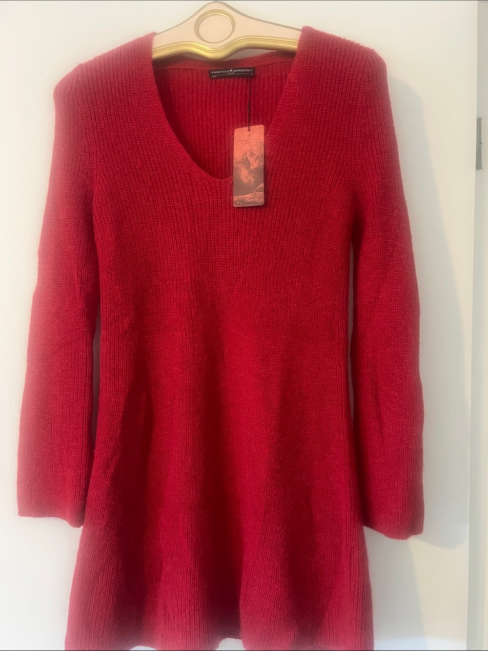 NWT Peruvian Connection Red V-Neck Knit Tunic Dress, Beautiful ! XS